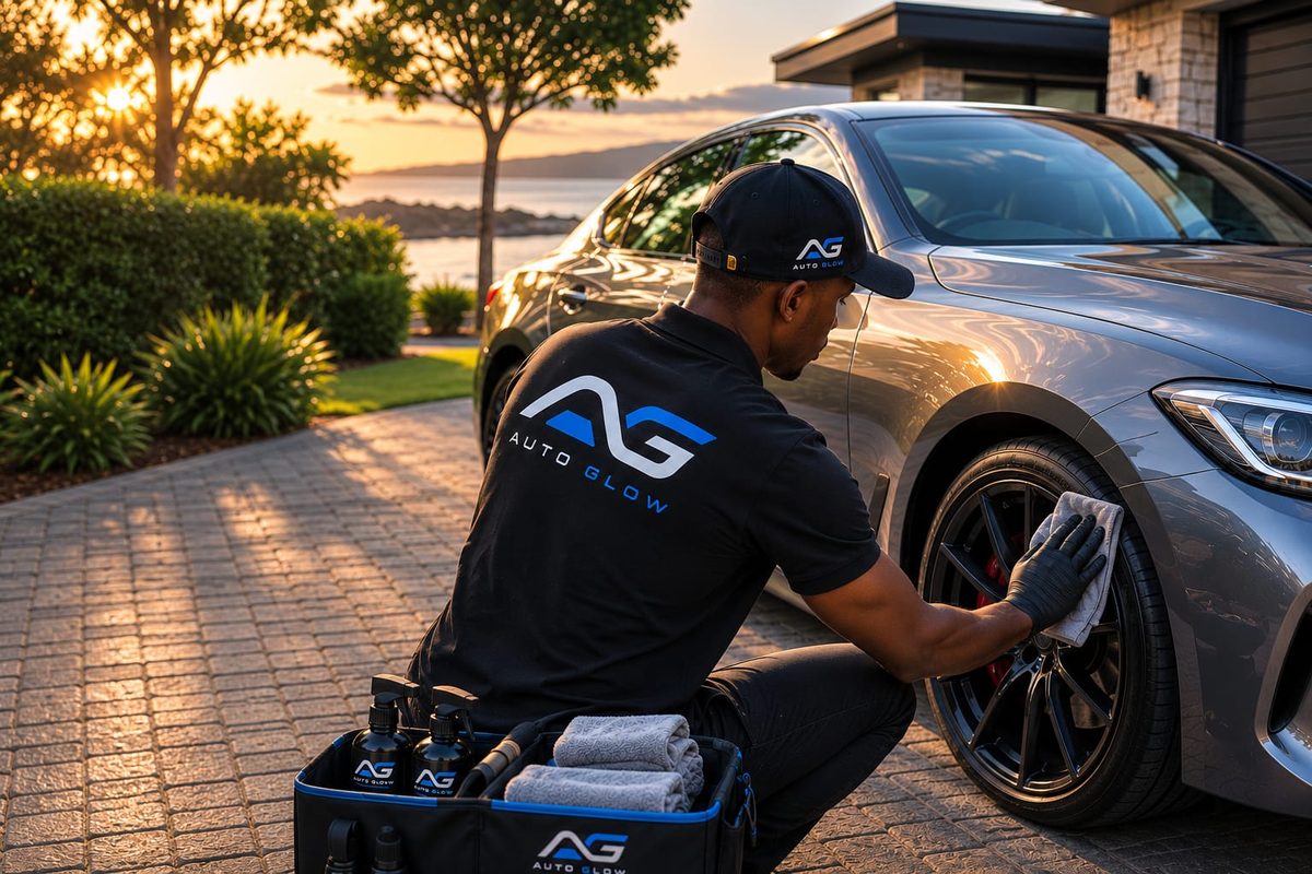 AutoGlow washer detailing a wheel at sunset